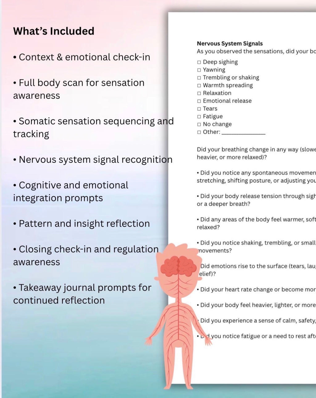 Somatic Sequencing Worksheet Nervous System Awareness Trauma-Informed Therapy Tool Mind–Body Reflection Journal