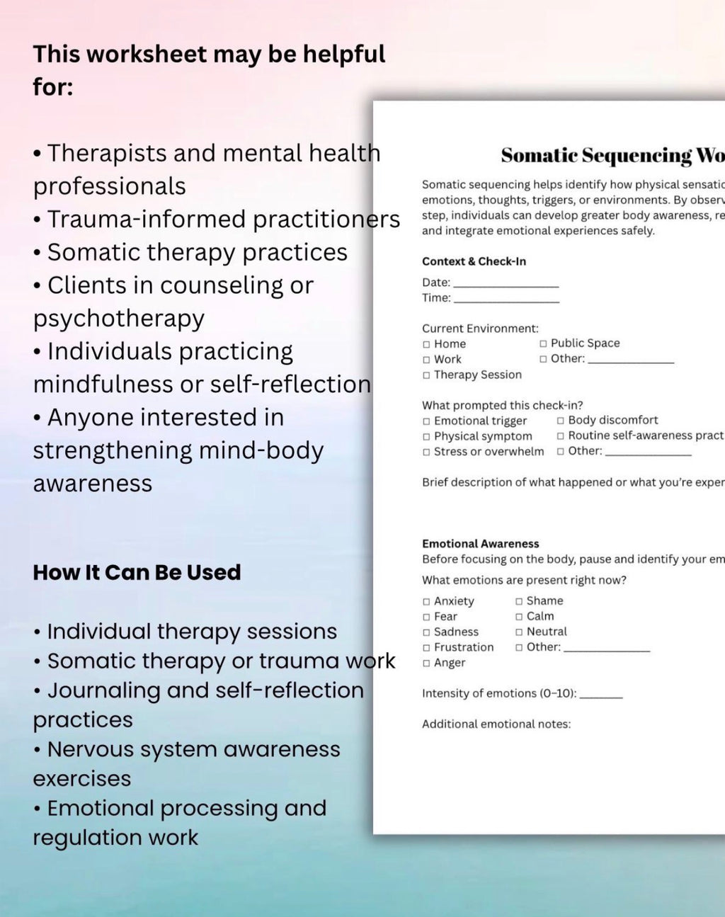 Somatic Sequencing Worksheet Nervous System Awareness Trauma-Informed Therapy Tool Mind–Body Reflection Journal