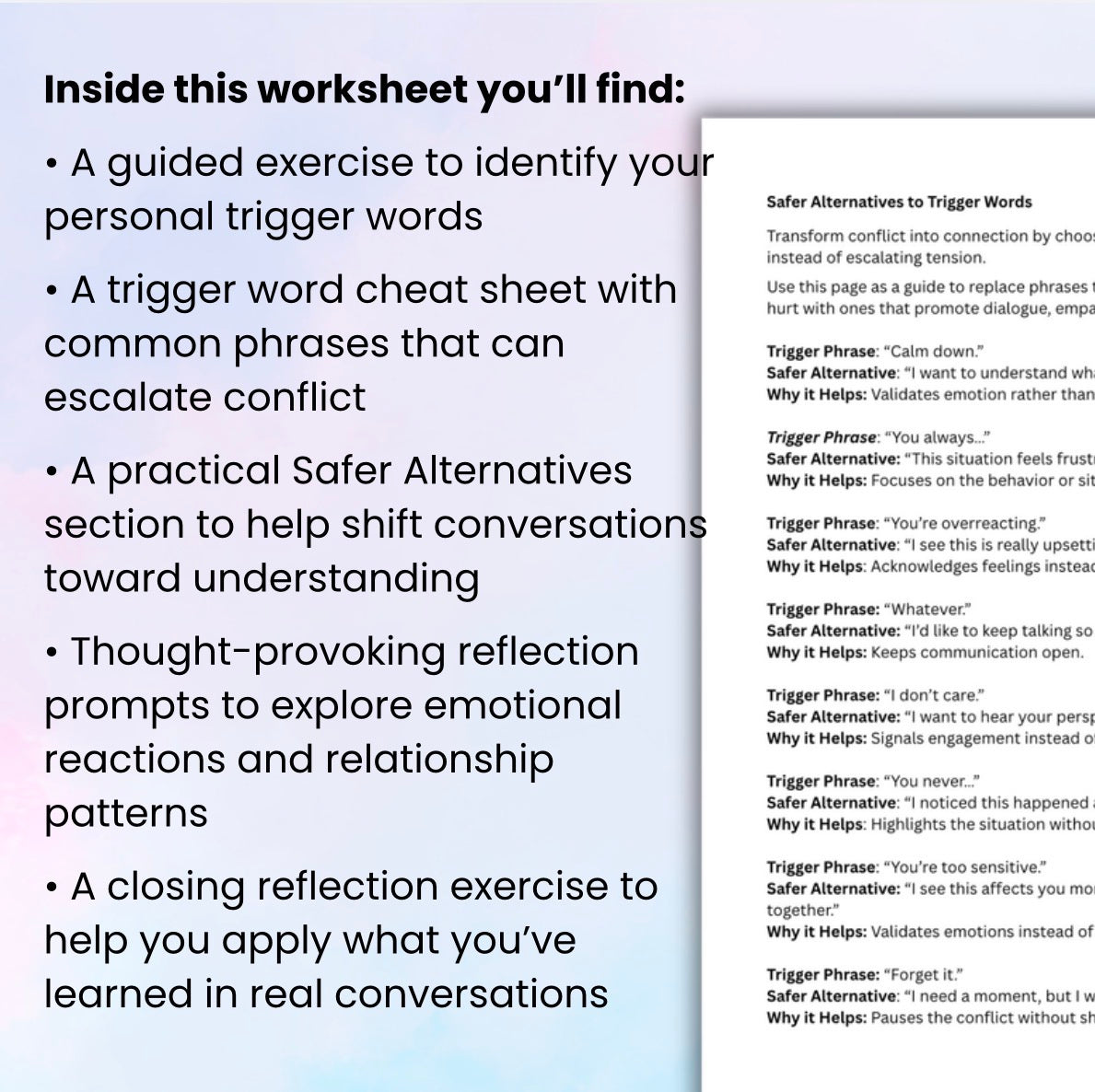 Relationship Trigger Words Worksheet Emotional Awareness, Communication Skills & Conflict Resolution Printable