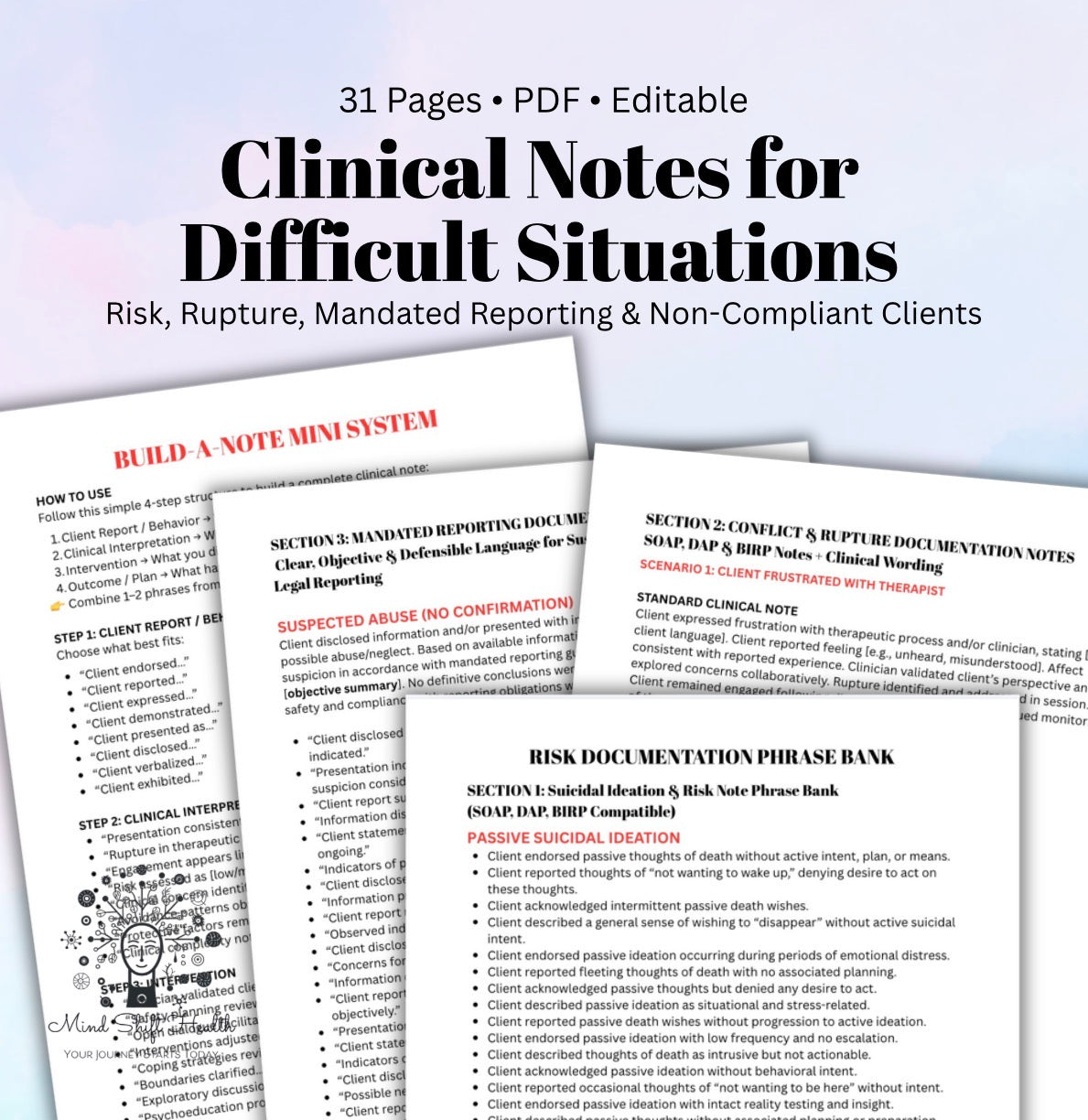 Clinical Notes for Difficult Situations  Risk Rupture, Mandated Reporting Suicidal Ideation  Client Denial, Self Harm, Client Frustration