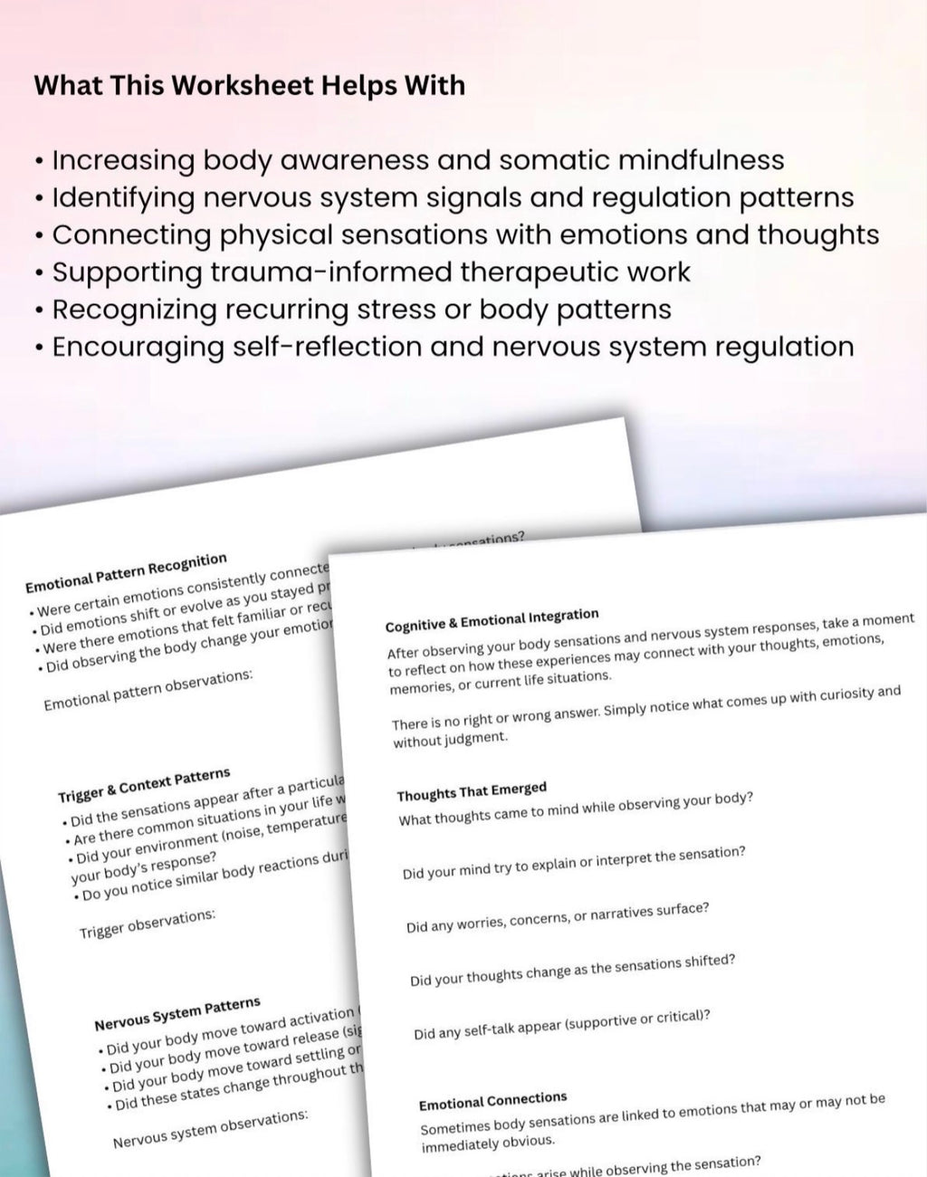Somatic Sequencing Worksheet Nervous System Awareness Trauma-Informed Therapy Tool Mind–Body Reflection Journal