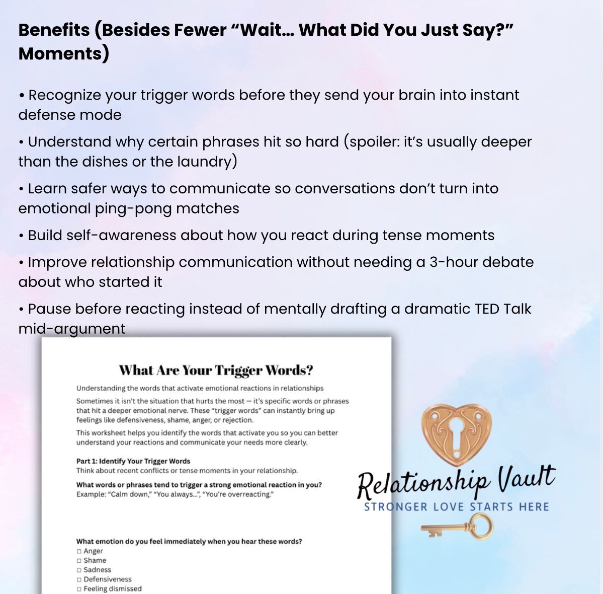 Relationship Trigger Words Worksheet Emotional Awareness, Communication Skills & Conflict Resolution Printable