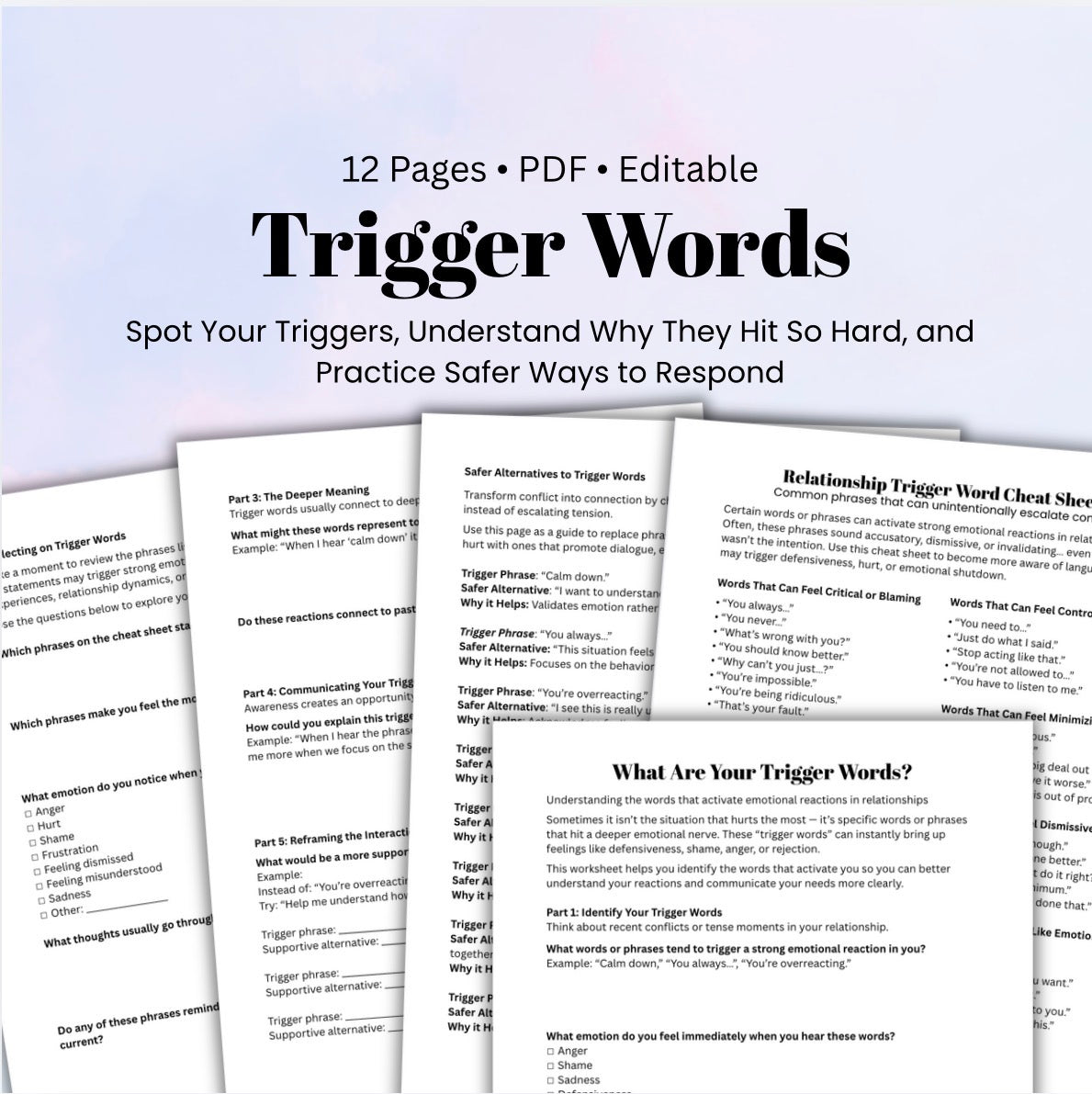 Relationship Trigger Words Worksheet Emotional Awareness, Communication Skills & Conflict Resolution Printable
