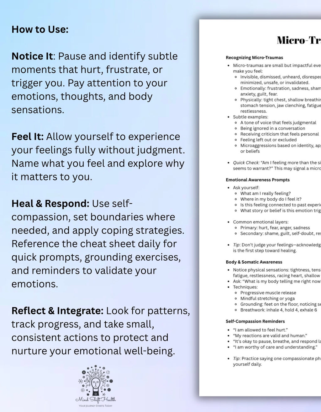 Micro-Trauma Worksheet & Healing Toolkit Self-Reflection, Emotional Processing, Coping Strategies Cheat Sheet for Therapists Personal