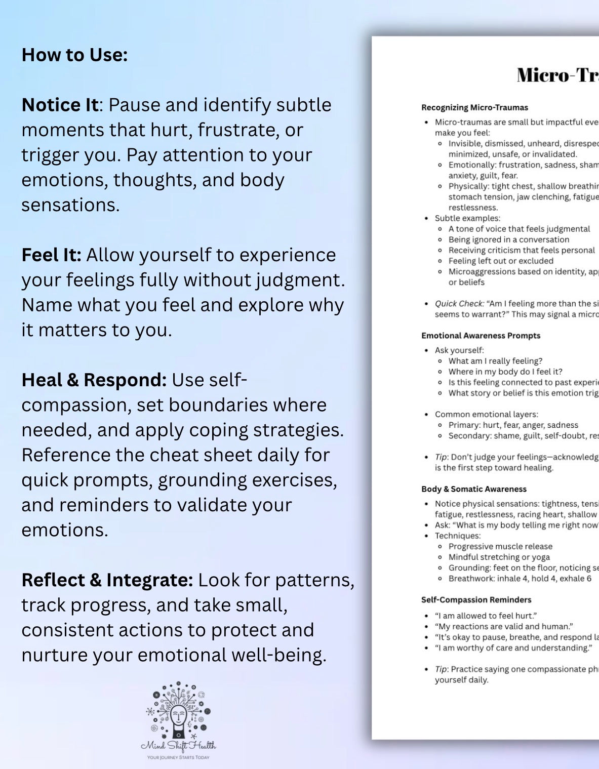 Micro-Trauma Worksheet & Healing Toolkit Self-Reflection, Emotional Processing, Coping Strategies Cheat Sheet for Therapists Personal