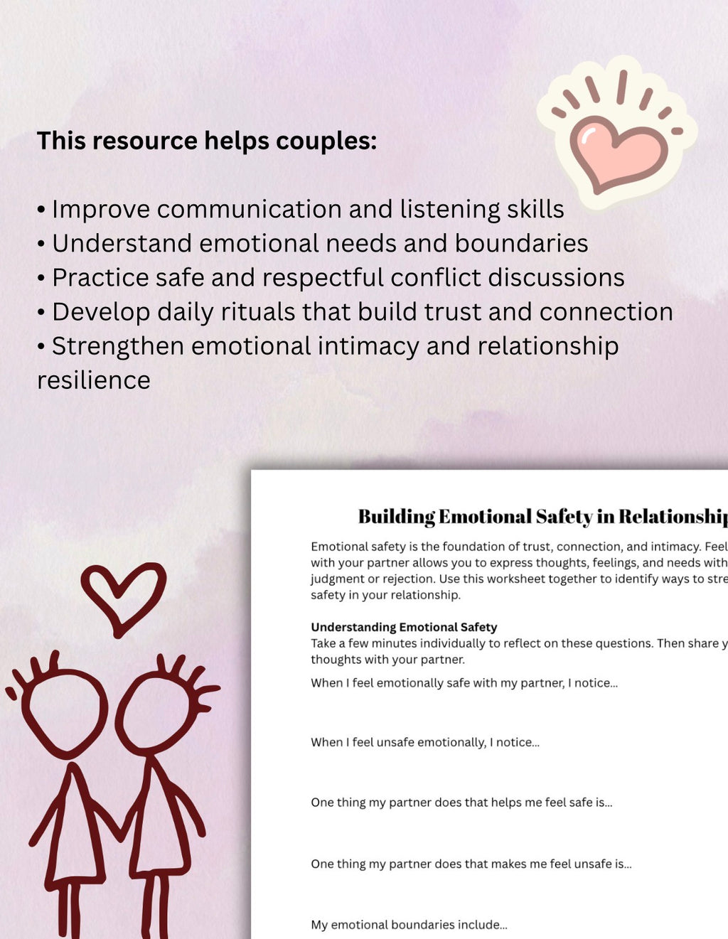 Emotional Safety & Relationship Communication Worksheet Couples Therapy Exercises, Trust-Building, and Connection Printable