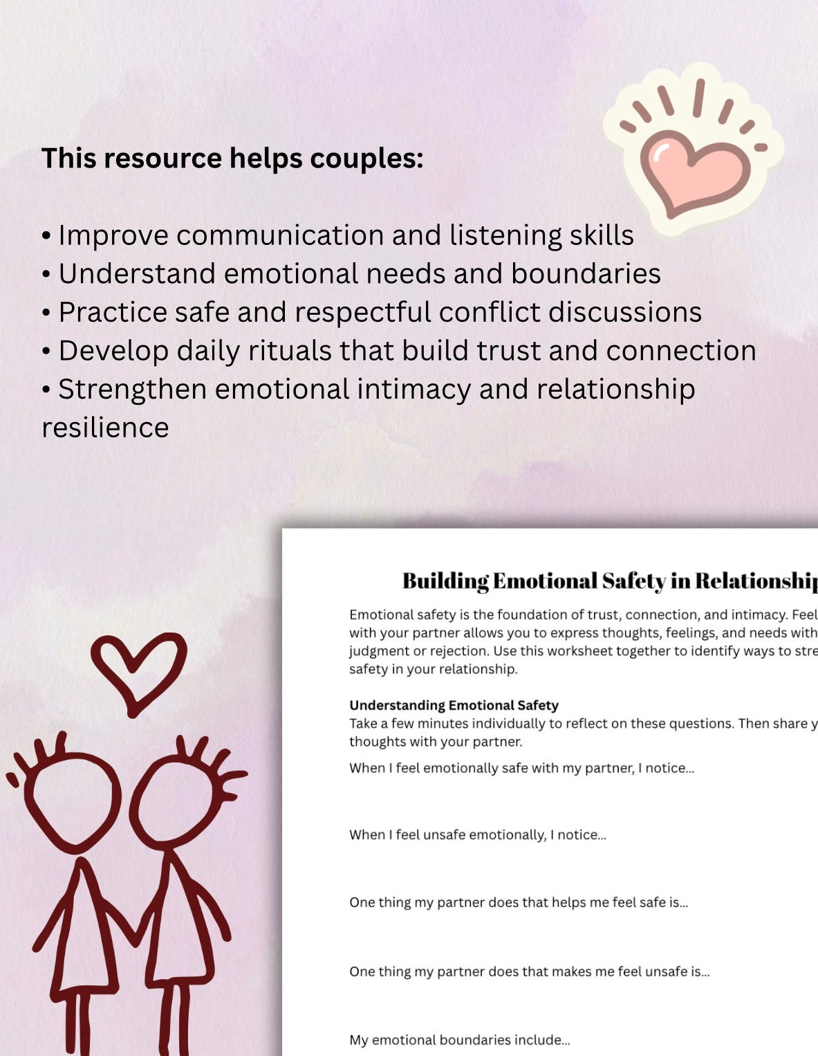 Emotional Safety & Relationship Communication Worksheet Couples Therapy Exercises, Trust-Building, and Connection Printable