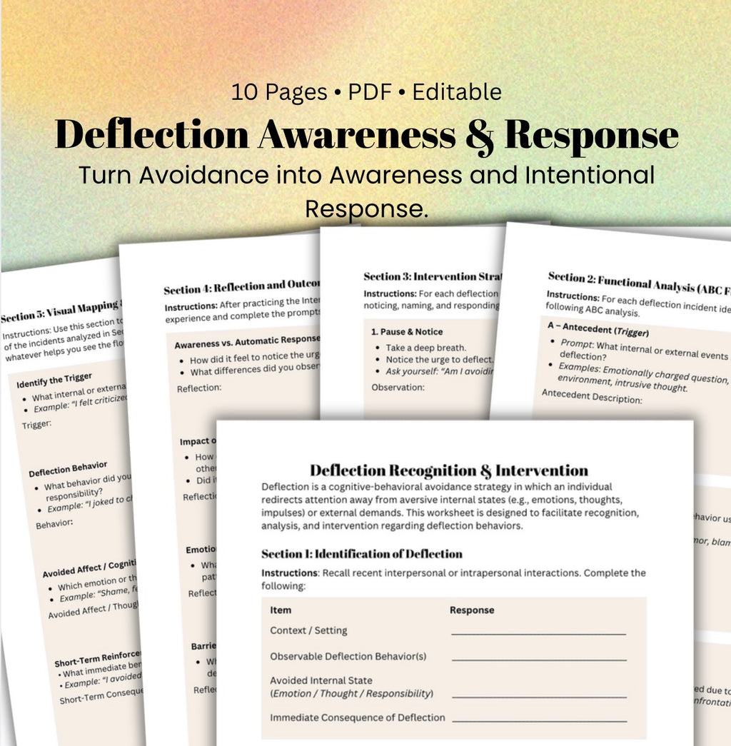 Deflection Awareness Worksheet CBT Printable for Emotional Awareness, Avoidance Behavior & Communication Skills