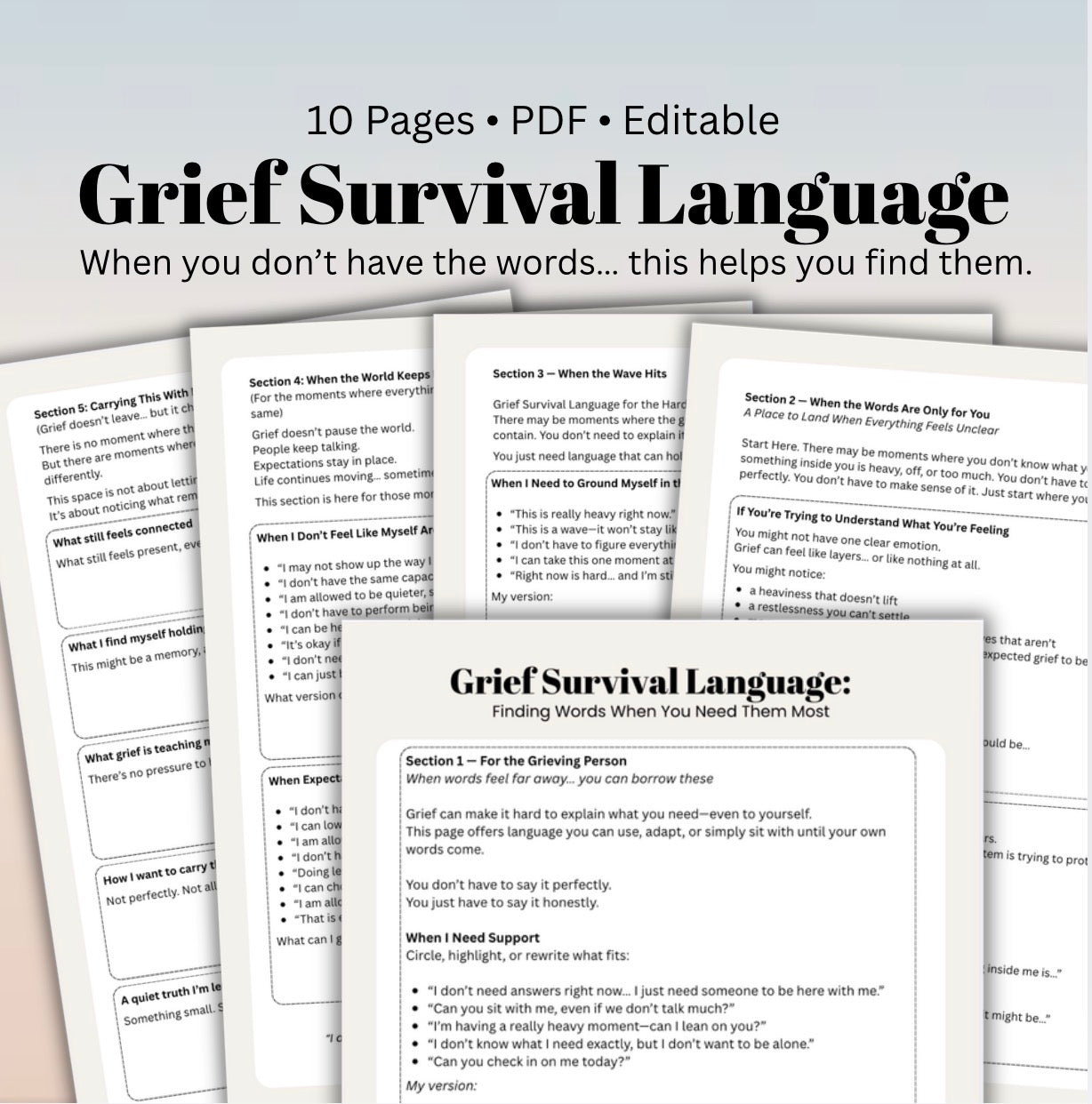 Grief Survival Language Worksheet PDF Coping with Loss, Grief Support & Emotional Processing Bereavement Therapy Printable