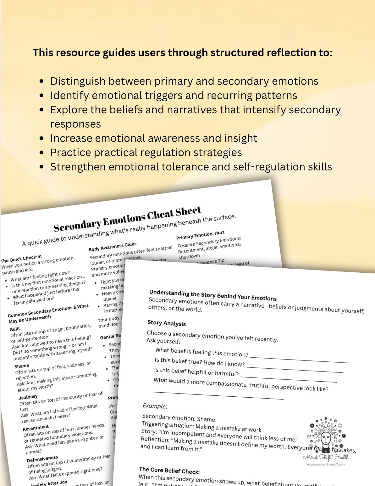 Secondary Emotions Worksheet Therapy Handout & Self-Help Guided Reflection Tool for Emotional Awareness  Regulation