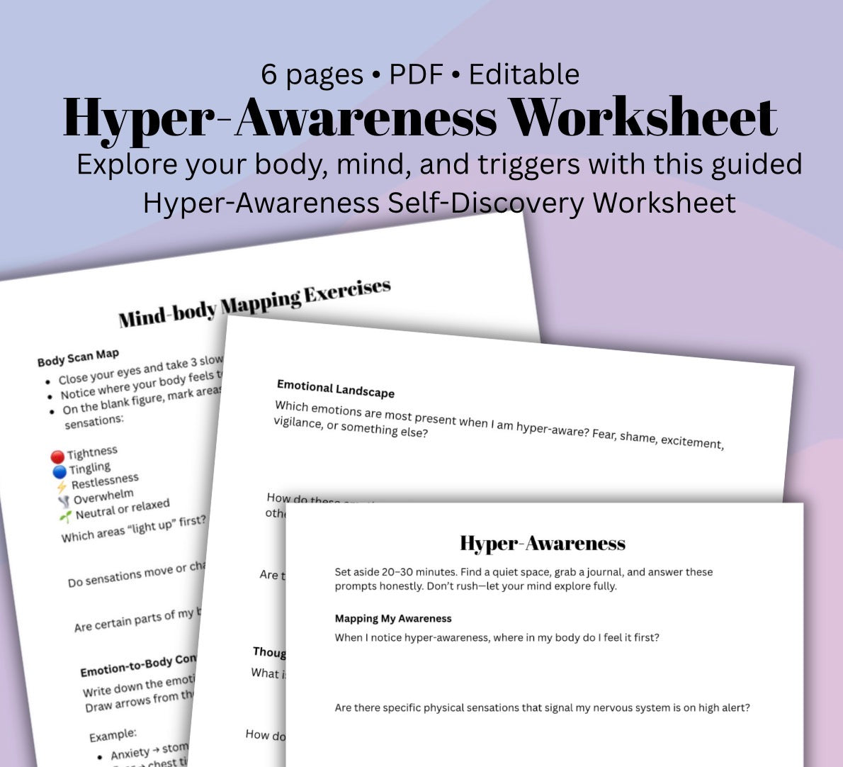 Hyper-Awareness Worksheet – Mind-Body Mapping, Self-Discovery & Reflection Tool for Anxiety, Trauma, CPTSD, and Emotional Awareness