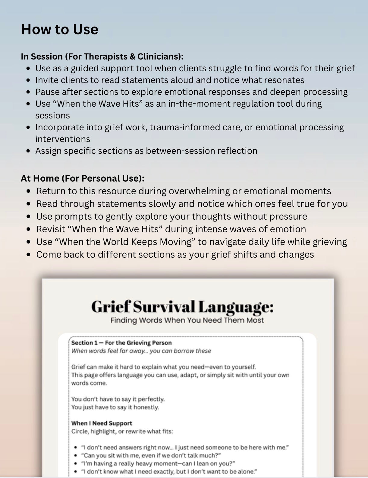 Grief Survival Language Worksheet PDF Coping with Loss, Grief Support & Emotional Processing Bereavement Therapy Printable