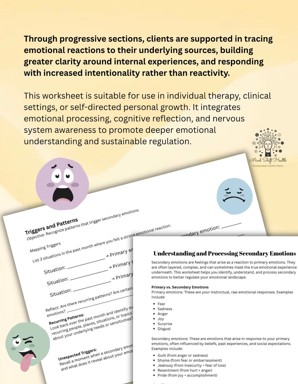 Secondary Emotions Worksheet Therapy Handout & Self-Help Guided Reflection Tool for Emotional Awareness  Regulation