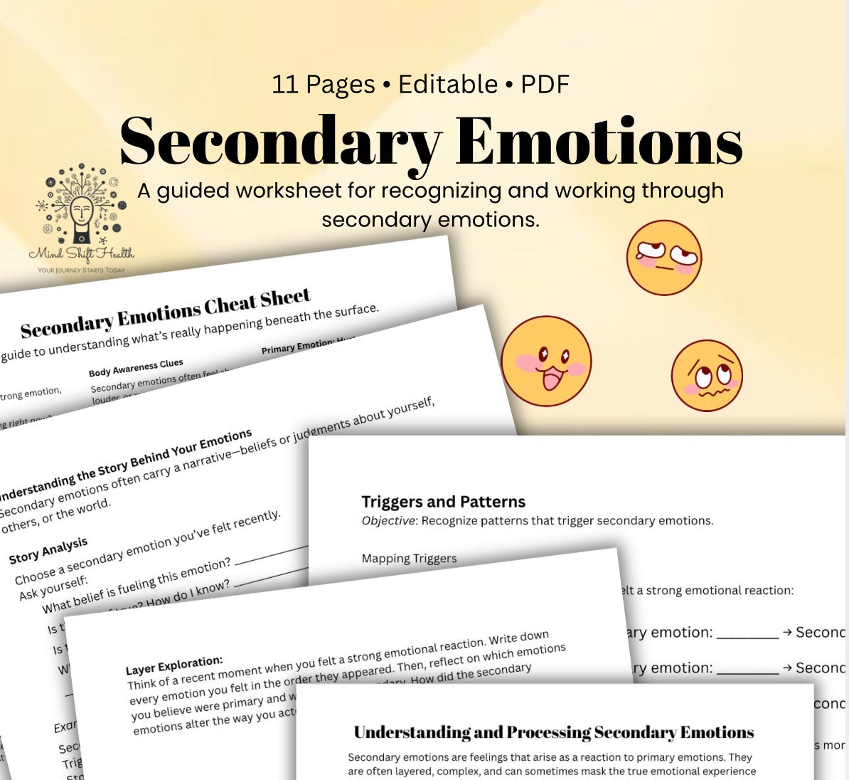 Secondary Emotions Worksheet Therapy Handout & Self-Help Guided Reflection Tool for Emotional Awareness  Regulation