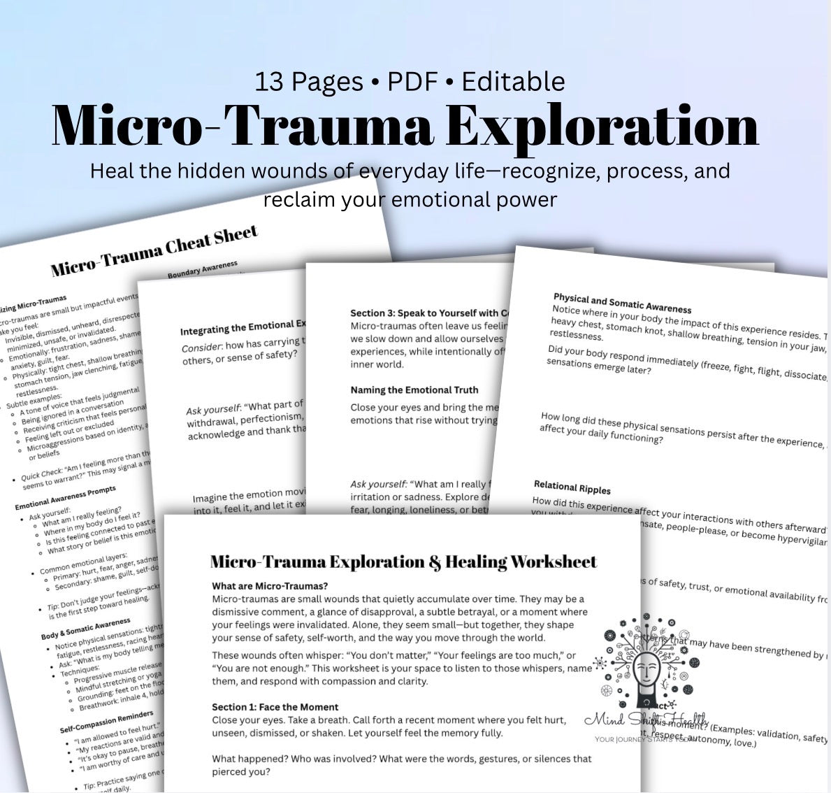 Micro-Trauma Worksheet & Healing Toolkit Self-Reflection, Emotional Processing, Coping Strategies Cheat Sheet for Therapists Personal