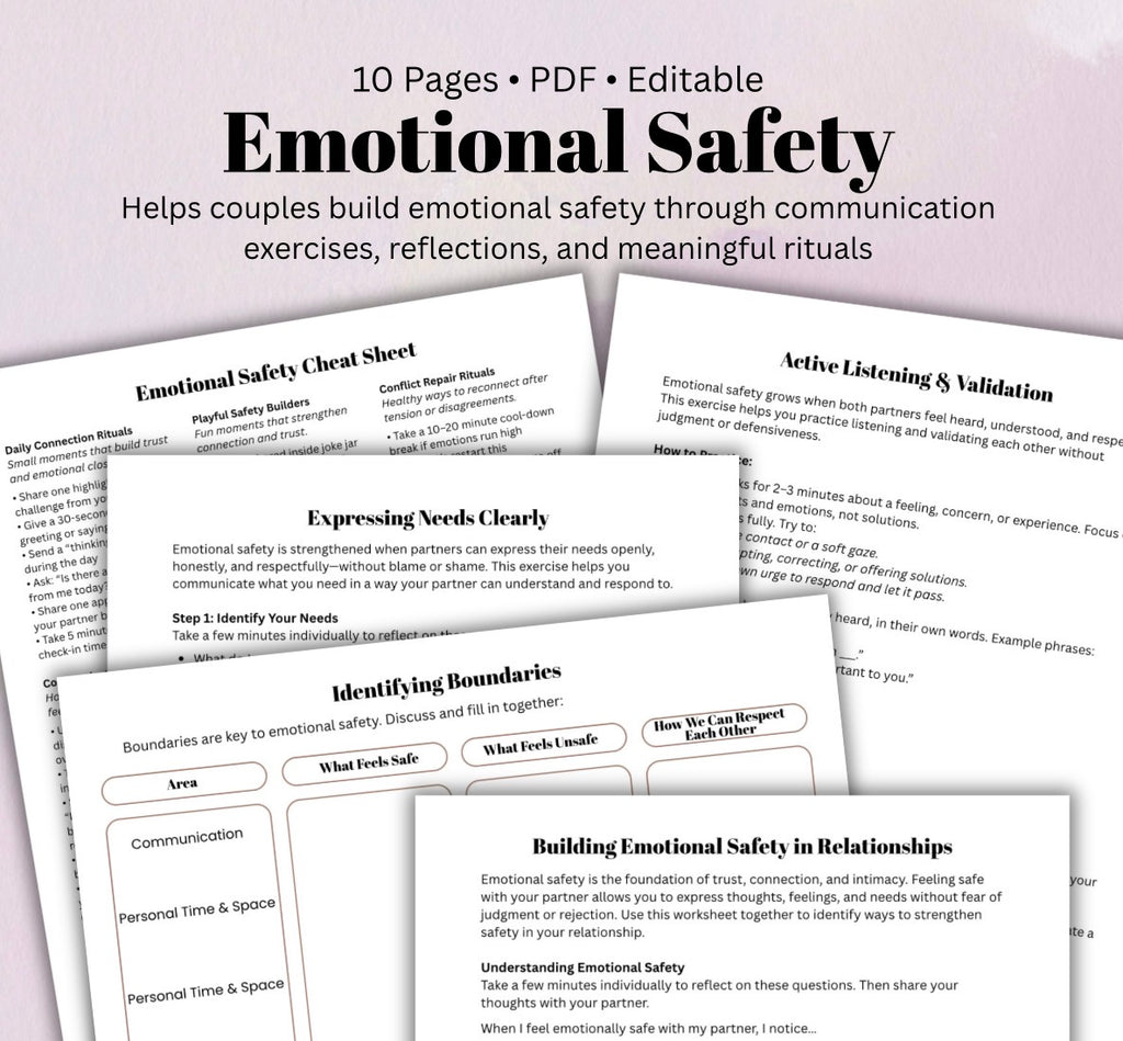 Emotional Safety & Relationship Communication Worksheet Couples Therapy Exercises, Trust-Building, and Connection Printable