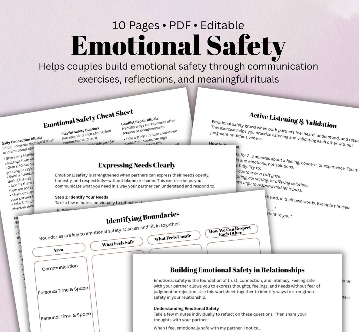 Emotional Safety & Relationship Communication Worksheet Couples Therapy Exercises, Trust-Building, and Connection Printable