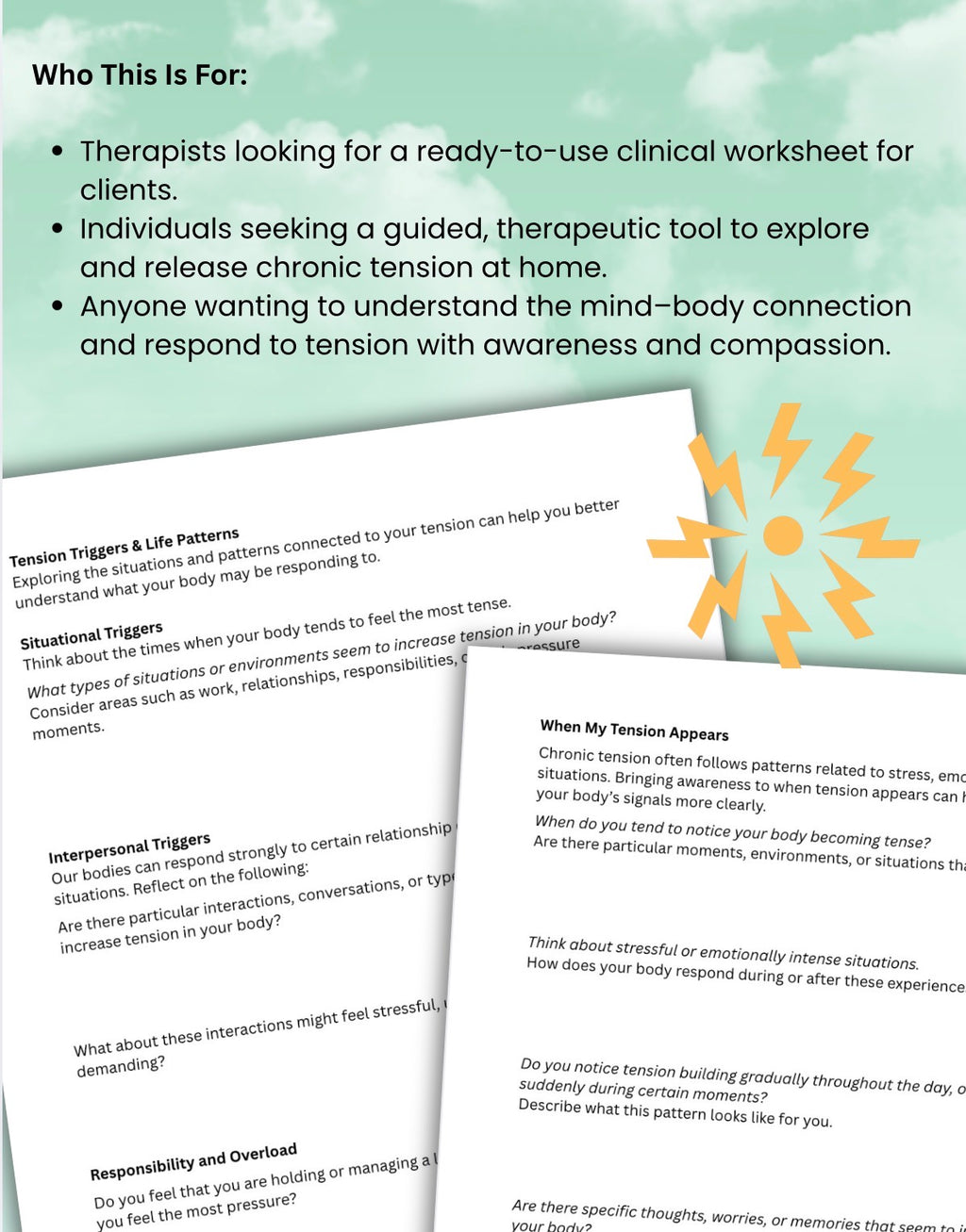 Chronic Tension Worksheet | Body Awareness, Mind-Body Connection, Stress Release, Somatic Exercises for Therapists & Clients