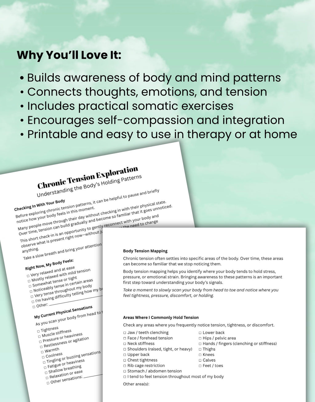 Chronic Tension Worksheet | Body Awareness, Mind-Body Connection, Stress Release, Somatic Exercises for Therapists & Clients