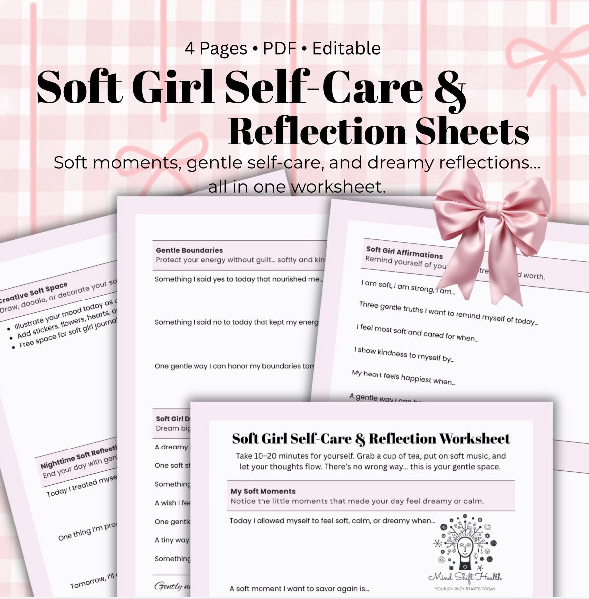 Soft Girl Self-Care Worksheet Printable Journaling Pages for Self-Love, Mindfulness Cozy Reflection