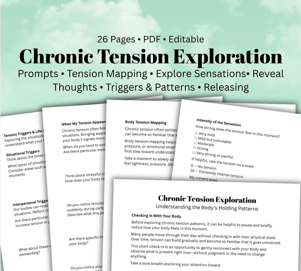 Chronic Tension Worksheet | Body Awareness, Mind-Body Connection, Stress Release, Somatic Exercises for Therapists & Clients