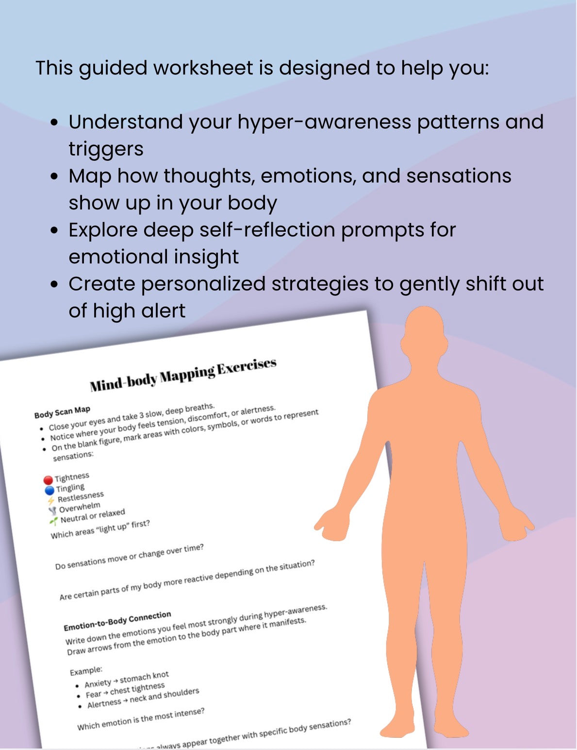 Hyper-Awareness Worksheet – Mind-Body Mapping, Self-Discovery & Reflection Tool for Anxiety, Trauma, CPTSD, and Emotional Awareness