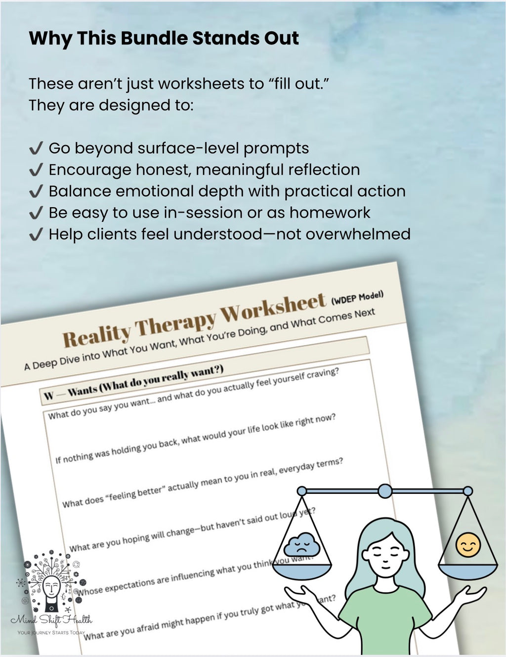 Reality Therapy WDEP Worksheets PDF CBT Behavior Change Tools for Therapists, Counselors & Self-Help Clients