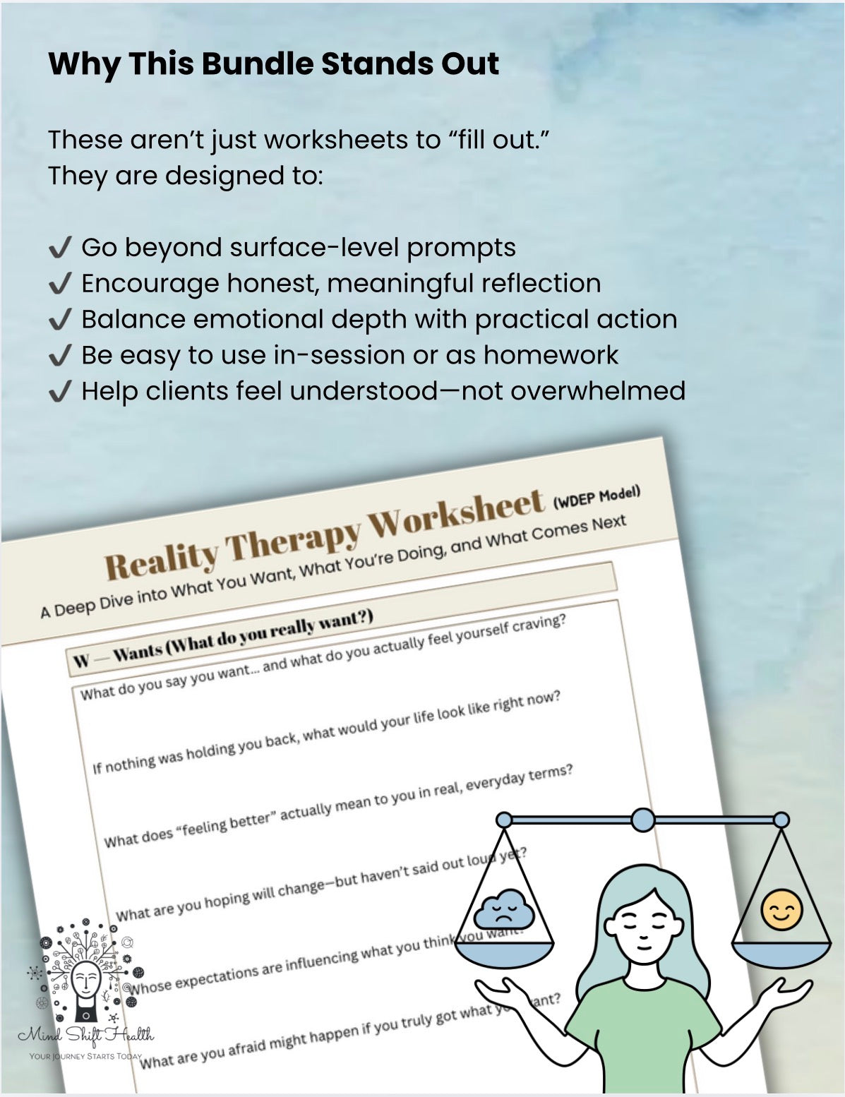 Reality Therapy WDEP Worksheets PDF CBT Behavior Change Tools for Therapists, Counselors & Self-Help Clients