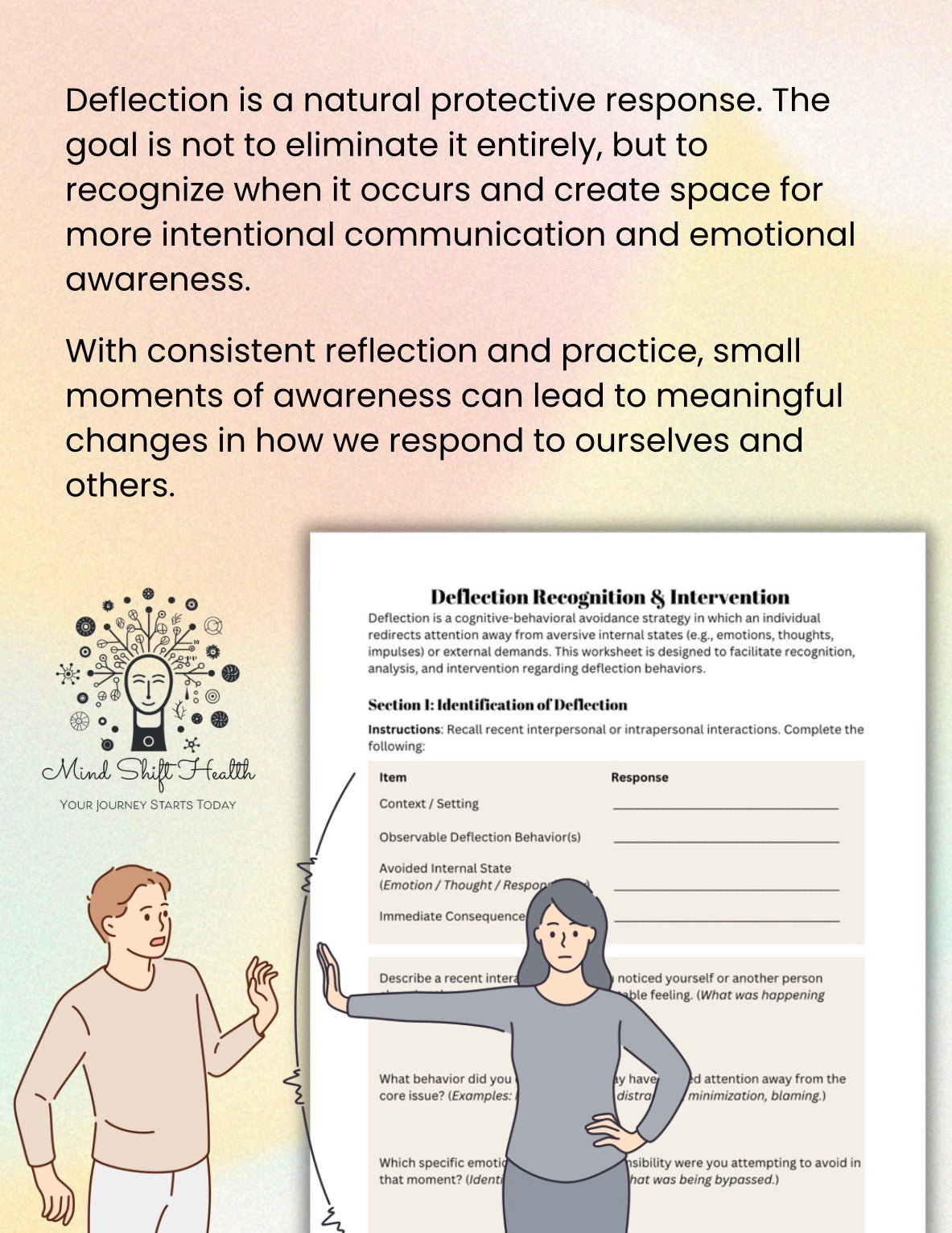 Deflection Awareness Worksheet CBT Printable for Emotional Awareness, Avoidance Behavior & Communication Skills