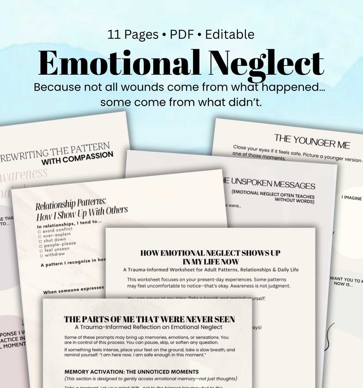 Emotional Neglect Healing Worksheets, Reconnect With Yourself, Inner Child & Relationship Healing, Trauma-Informed Printable Workbook