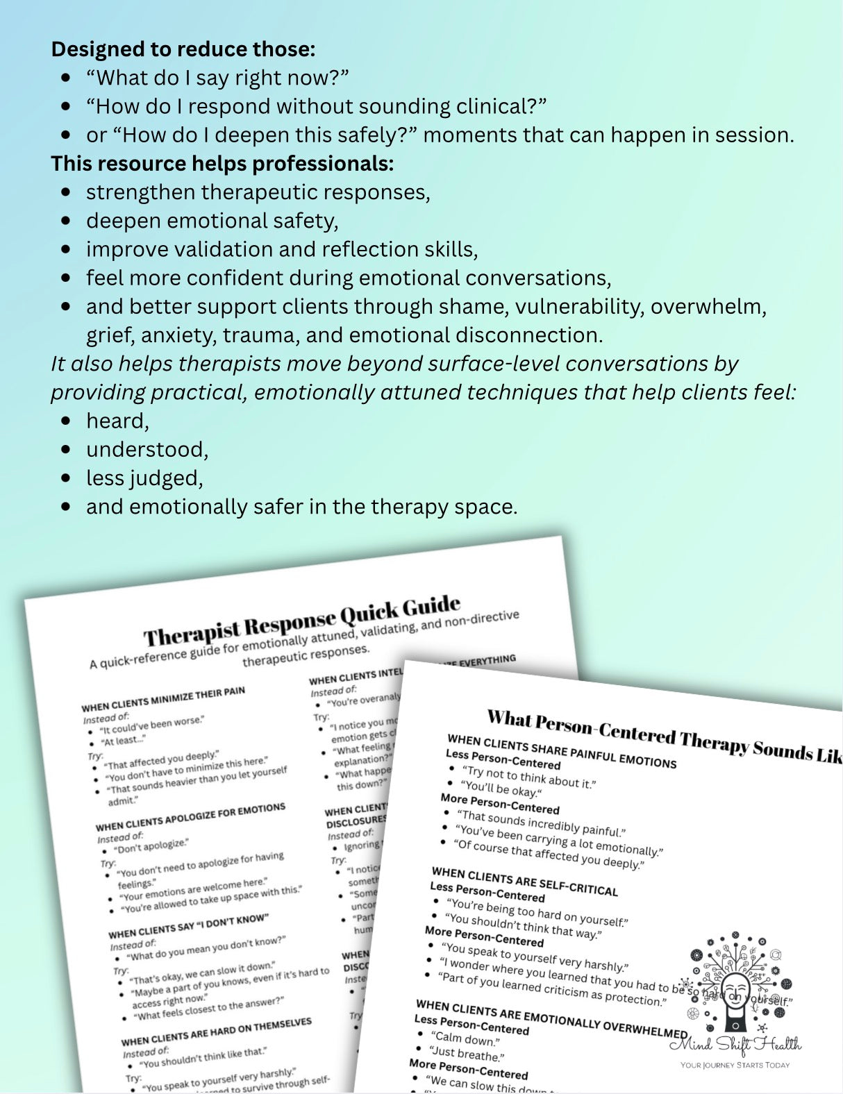 50 Person-Centered Therapy Techniques & Interventions Therapist Response & Validation Bundle