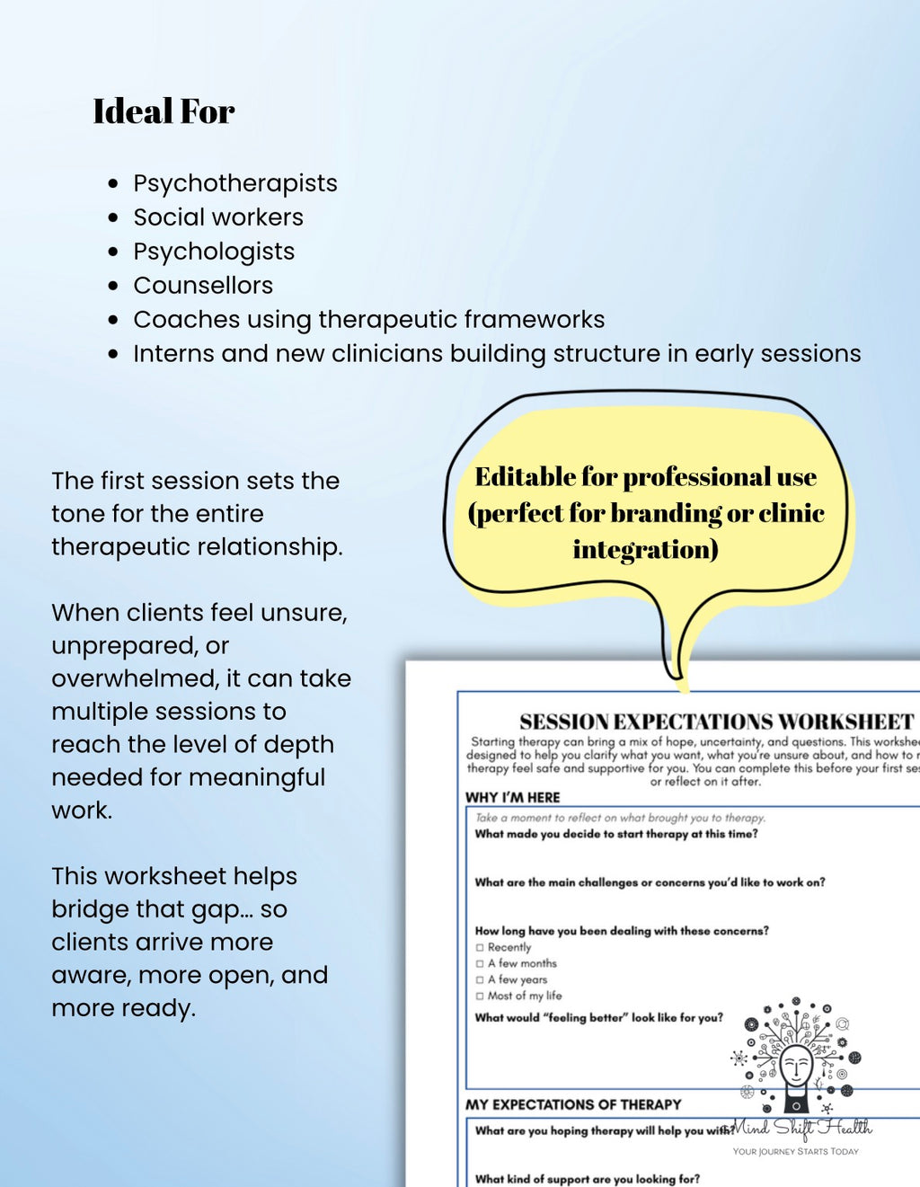 Therapy Expectations Worksheet for Clients First Session Intake Form Counseling Intake Tool Therapy Preparation Printable