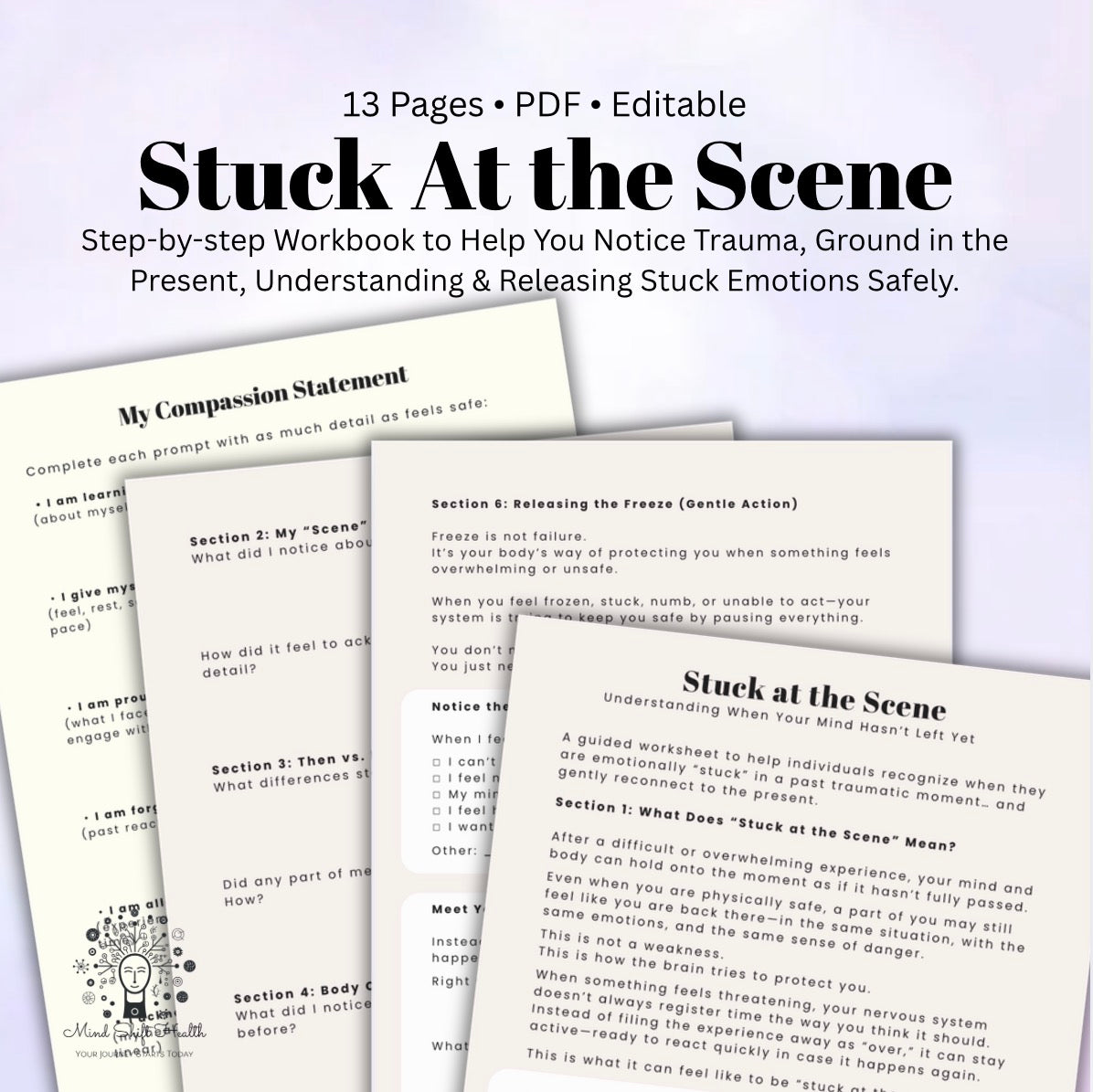 Stuck at the Scene PTSD Workbook Trauma Recovery Printable Grounding, Emotional Freeze, Self-Compassion Exercises