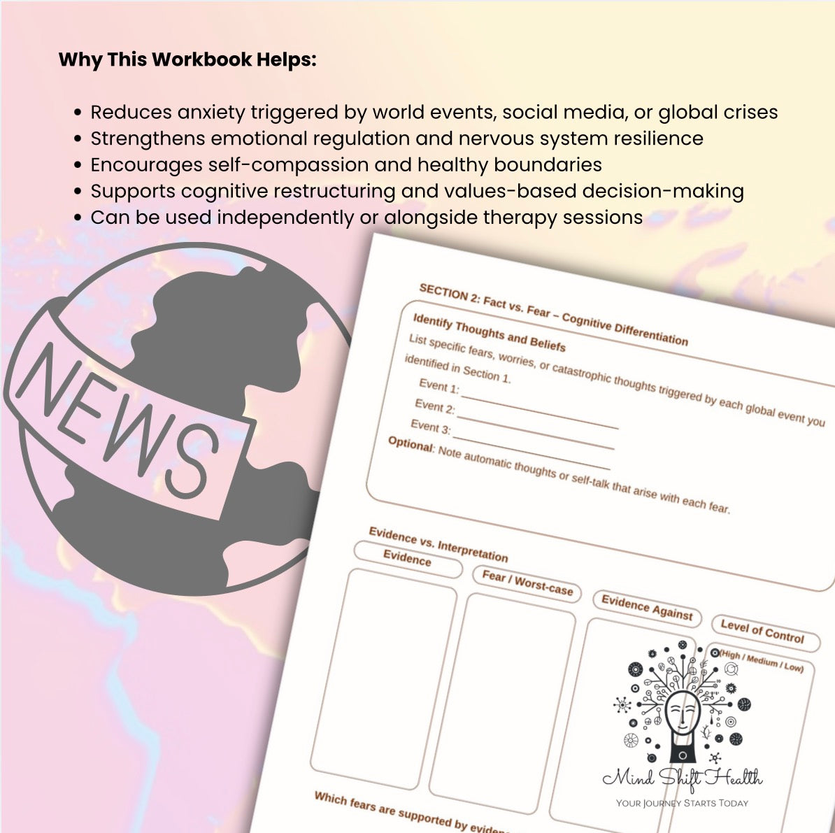 Global Stress & Anxiety Workbook Emotional Regulation Therapy Worksheet CBT Anxiety Printable Mental Health Self-Help Journal