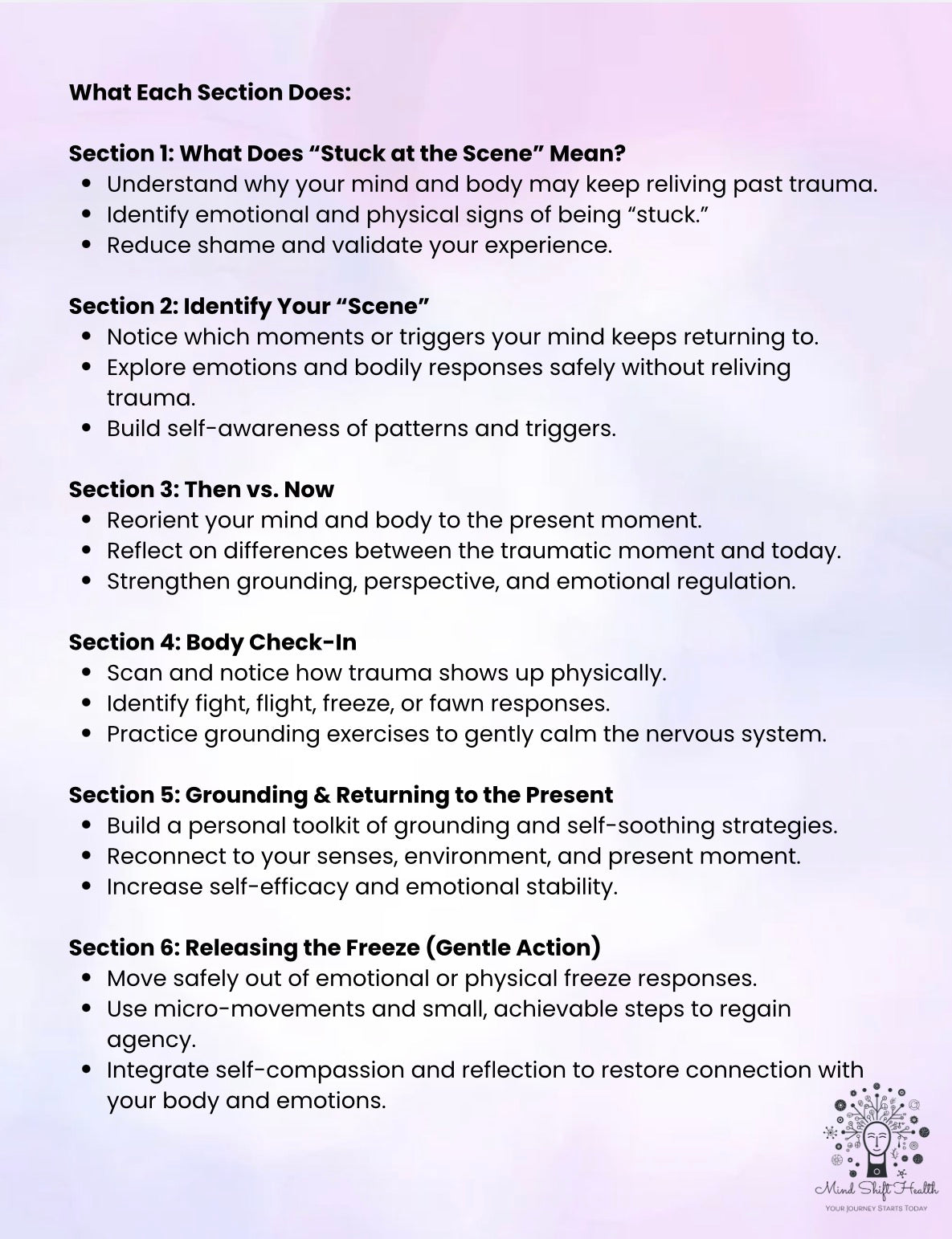 Stuck at the Scene PTSD Workbook Trauma Recovery Printable Grounding, Emotional Freeze, Self-Compassion Exercises