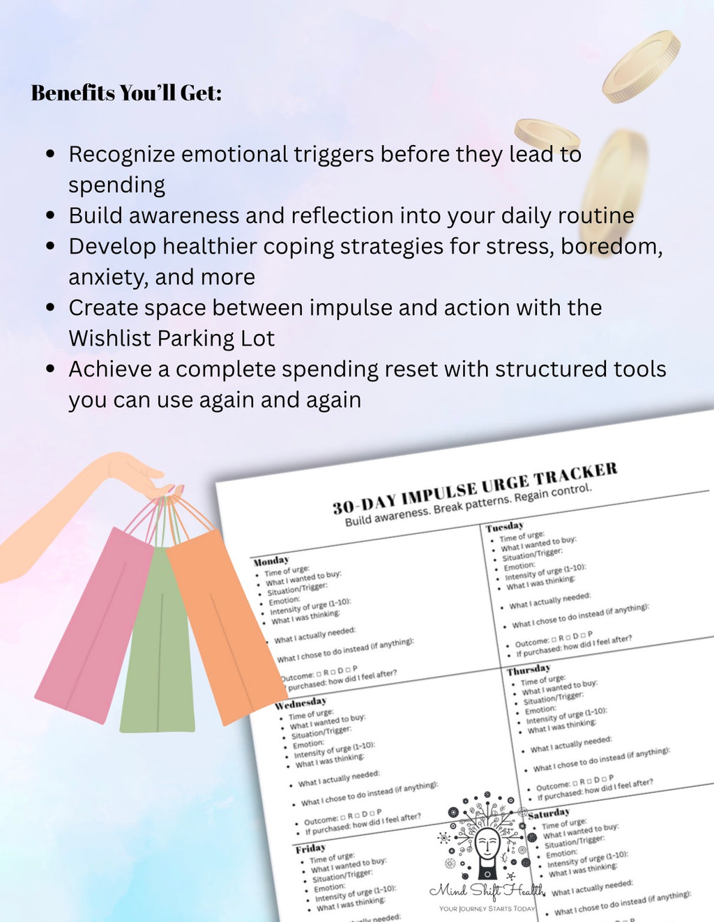 Impulse Buying Reset Kit – 30-Day Tracker, Emotional Spending Worksheets & Parking Lot Wishlist Resist Tool