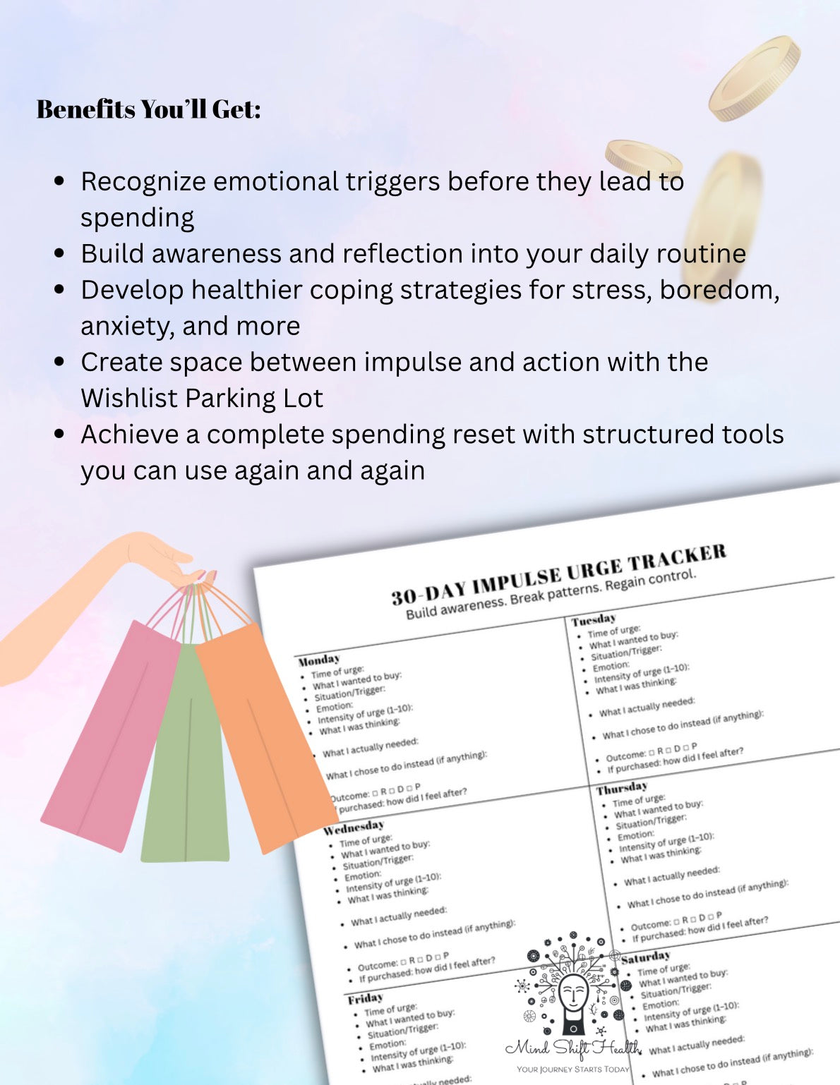 Impulse Buying Reset Kit – 30-Day Tracker, Emotional Spending Worksheets & Parking Lot Wishlist Resist Tool