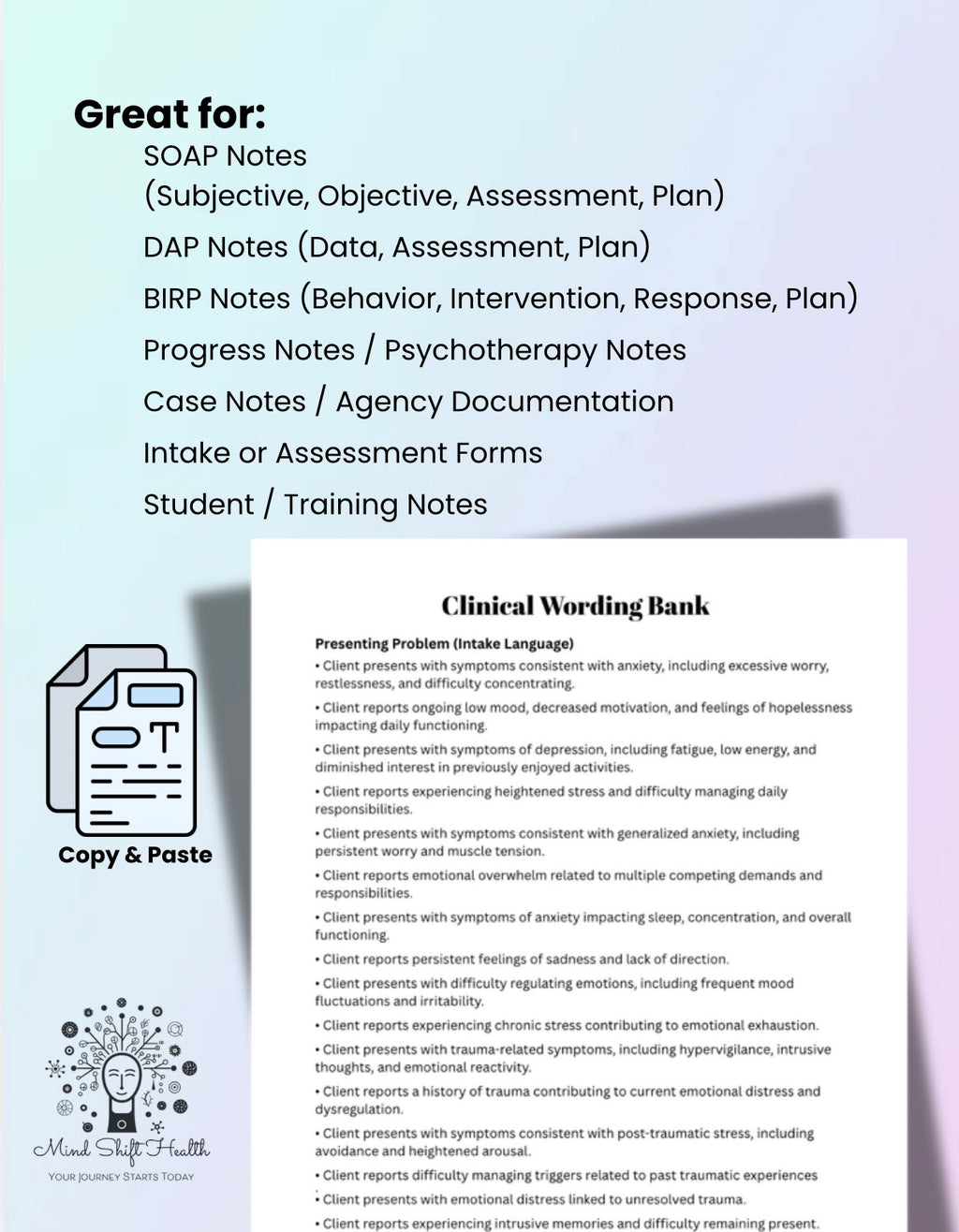 Therapist Documentation Wording Vault SOAP DAP BIRP Notes Copy & Paste Clinical Phrase Bank