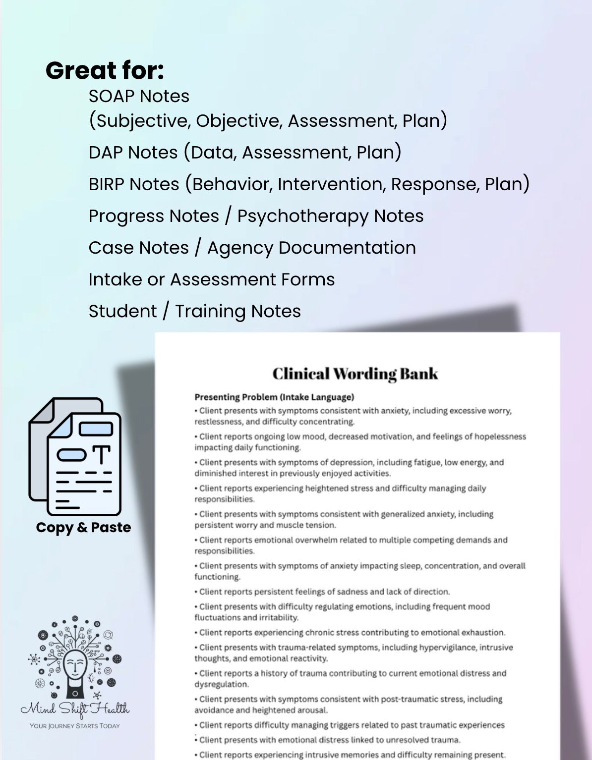 Therapist Documentation Wording Vault SOAP DAP BIRP Notes Copy & Paste Clinical Phrase Bank
