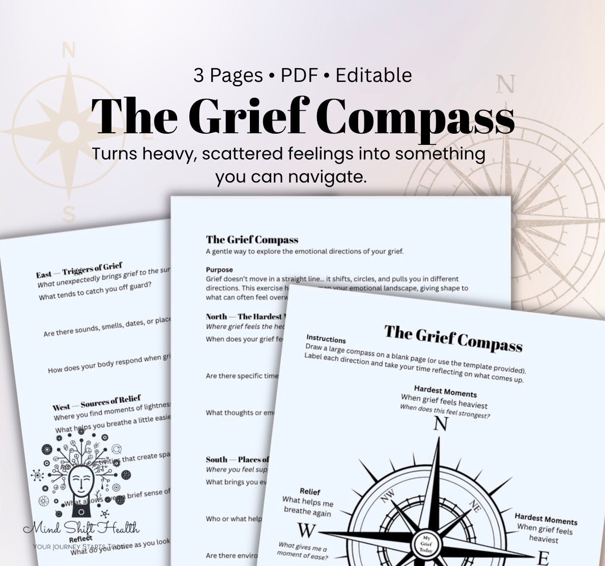 Grief Compass Worksheet Printable Therapy Tool for Coping with Loss & Emotional Mapping PDF