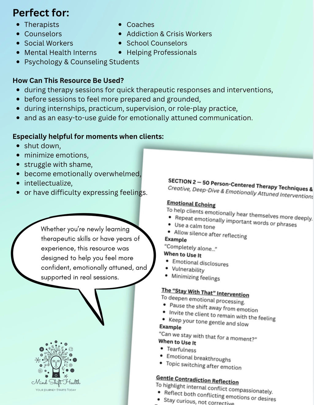 50 Person-Centered Therapy Techniques & Interventions Therapist Response & Validation Bundle