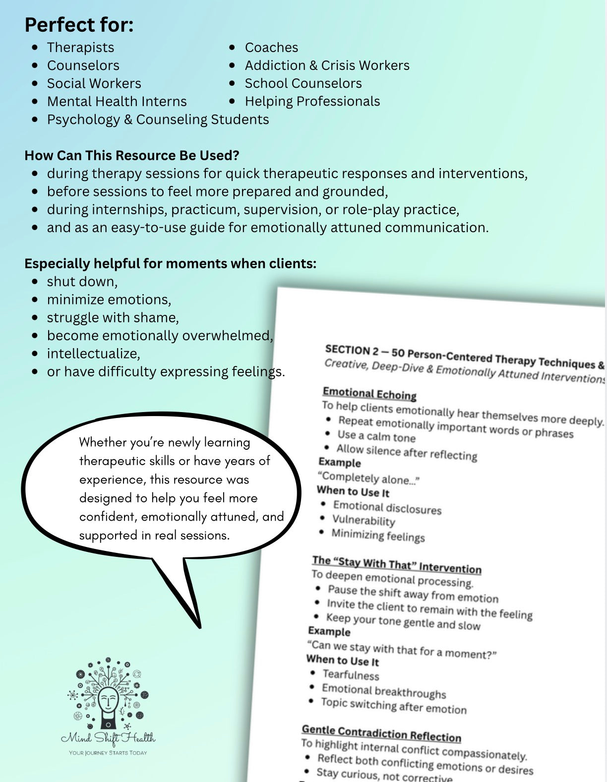 50 Person-Centered Therapy Techniques & Interventions Therapist Response & Validation Bundle