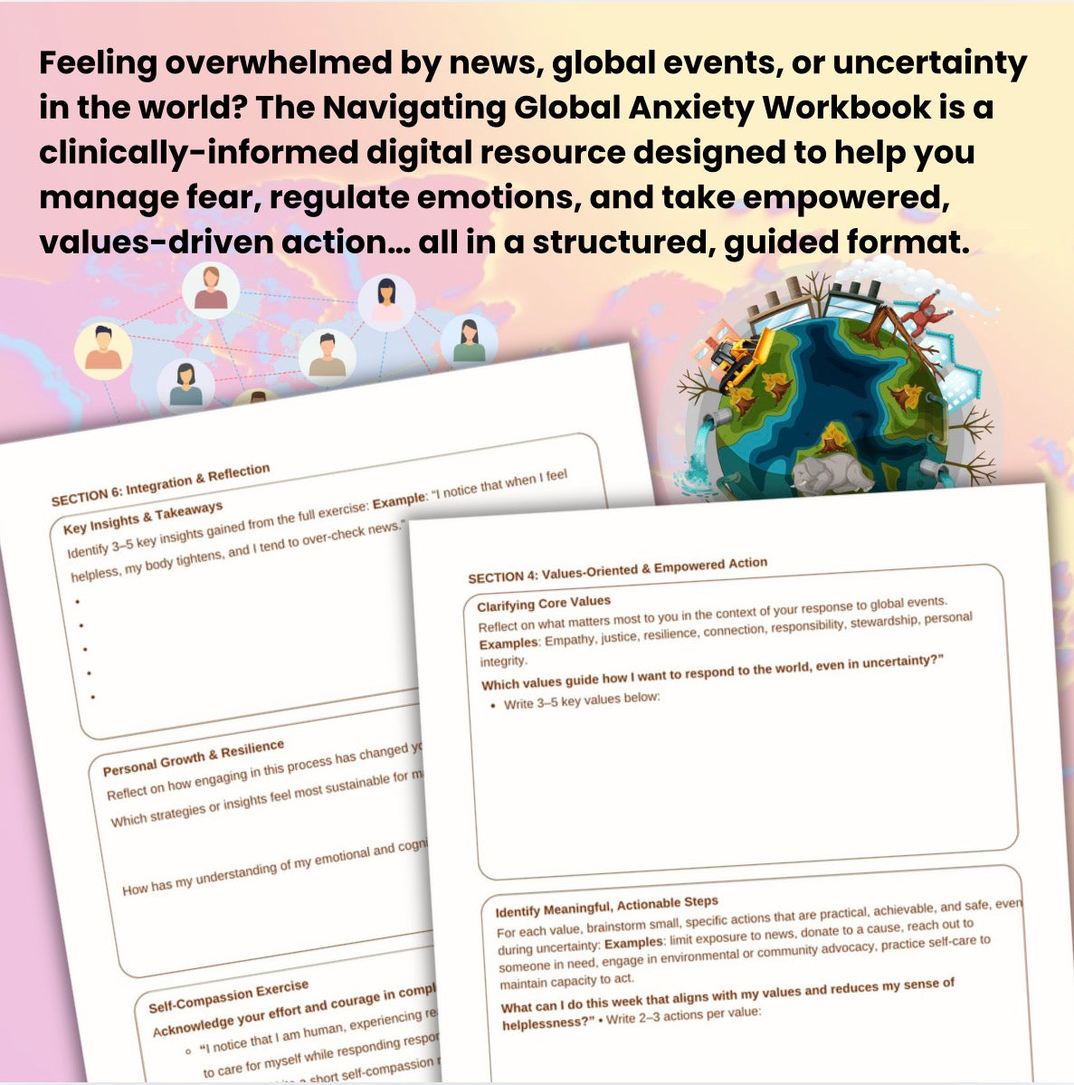 Global Stress & Anxiety Workbook Emotional Regulation Therapy Worksheet CBT Anxiety Printable Mental Health Self-Help Journal