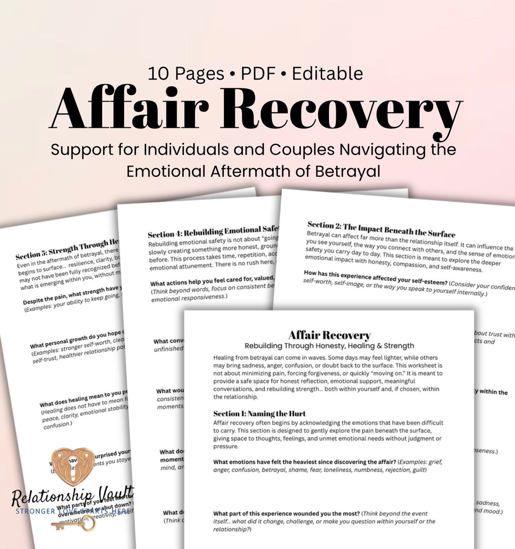 Affair Recovery Worksheet PDF Infidelity Healing & Betrayal Trauma Therapy Workbook for Individuals & Couples