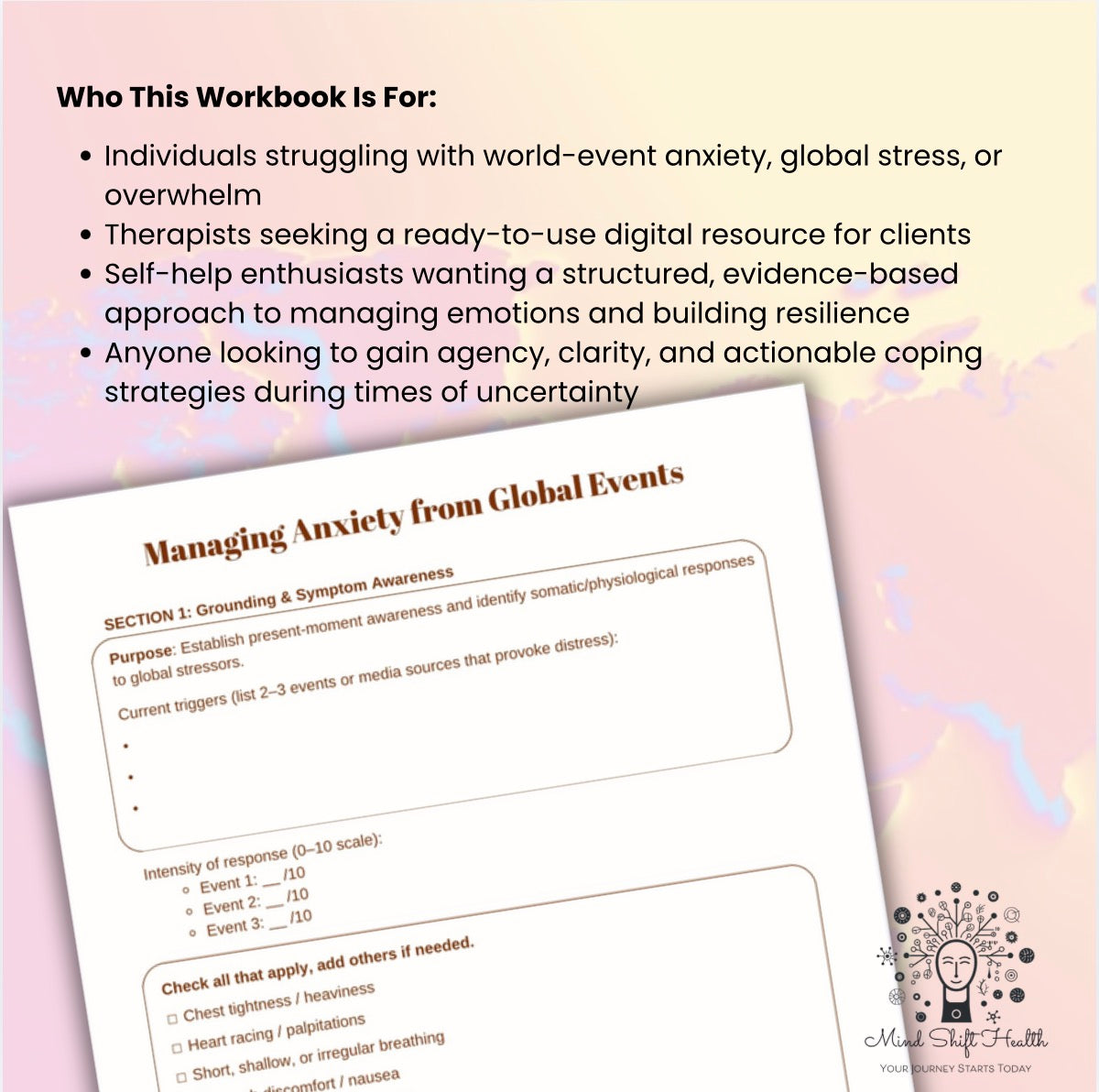 Global Stress & Anxiety Workbook Emotional Regulation Therapy Worksheet CBT Anxiety Printable Mental Health Self-Help Journal