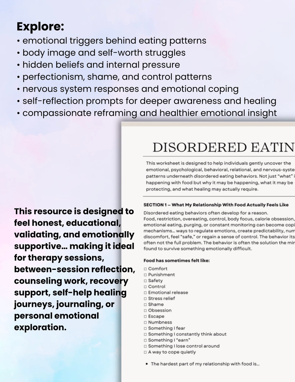 Disordered Eating Workbook for Adults Emotional Eating, Body Image & Self-Worth Healing Resource