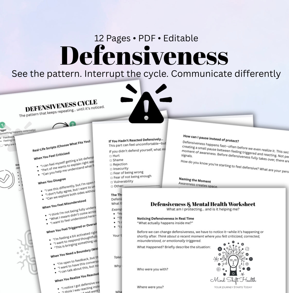 Defensiveness & Emotional Awareness Worksheet Therapy Printable Self-Reflection & Relationship Tools PDF