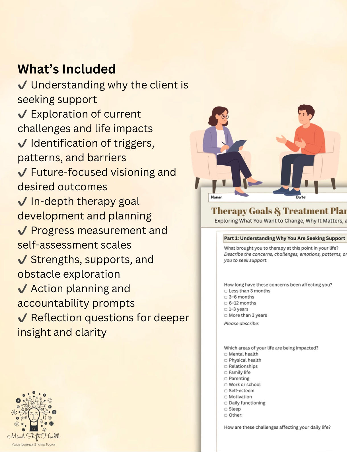 Therapy Goals Workbook Treatment Planning Worksheet for Therapists & Counselors Mental Health Goal Setting & Client Intake PDF