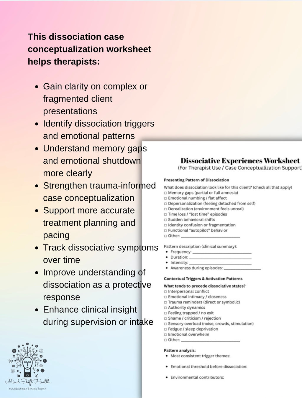 Dissociative Amnesia Worksheet for Therapists Dissociation Case Conceptualization Tool Trauma Therapy Clinical Resource