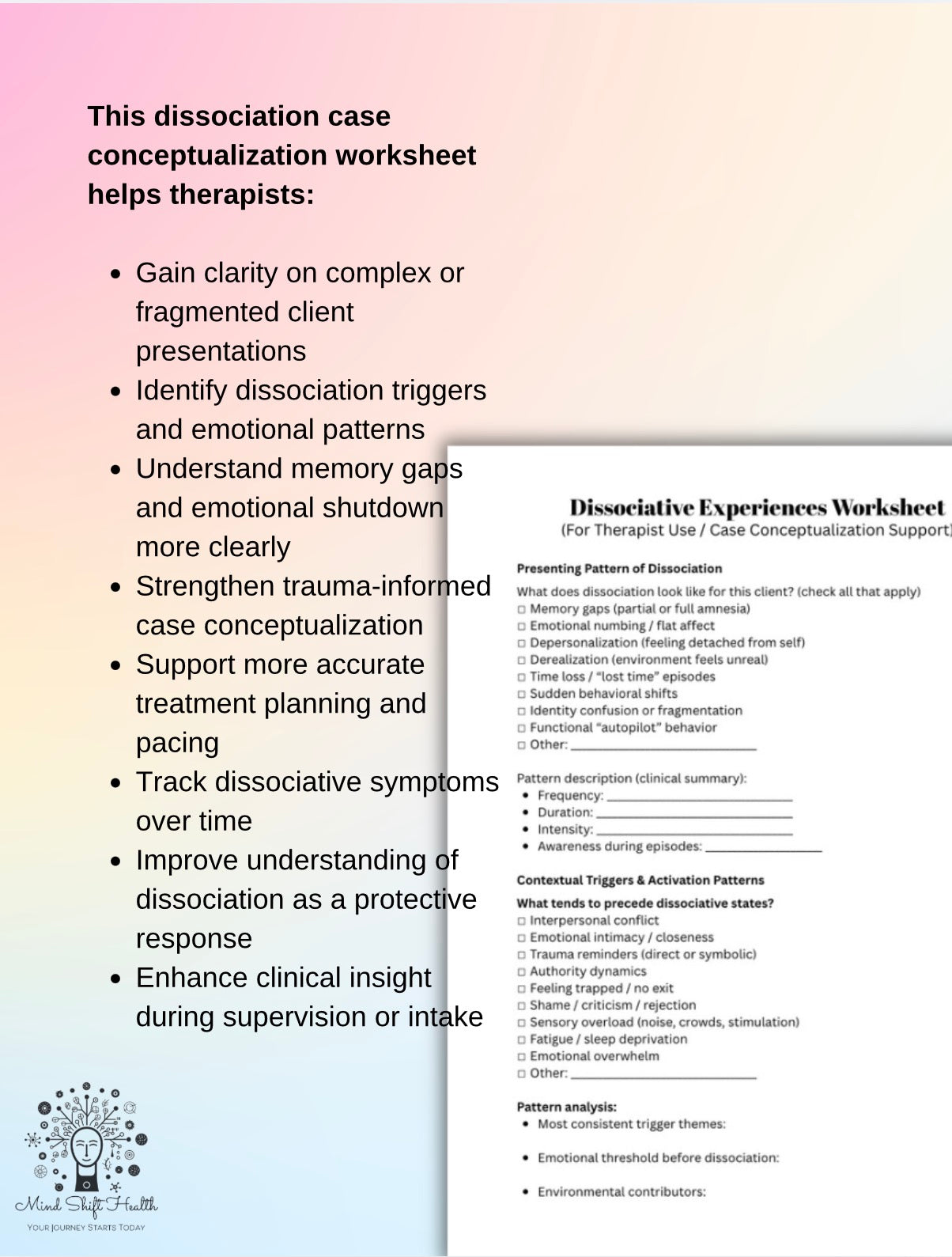 Dissociative Amnesia Worksheet for Therapists Dissociation Case Conceptualization Tool Trauma Therapy Clinical Resource